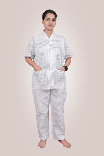 Patient Gown Unisex (TOP & PANT) - Blue and Black Dot