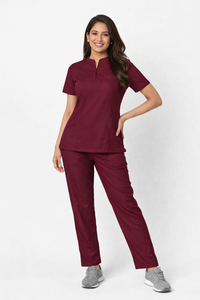 Classic Women's High-Neck Collar Scrub - Burgandy