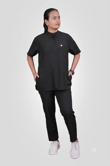 Classic Women's High-Neck Collar Scrub - Black