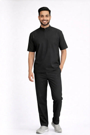 Classic Men's High-Neck Collar Scrub - Black
