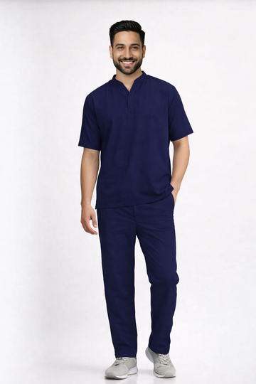 Classic Men's High-Neck Collar Scrub - Navy Blue