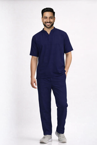 Classic Men's High-Neck Collar Scrub - Navy Blue