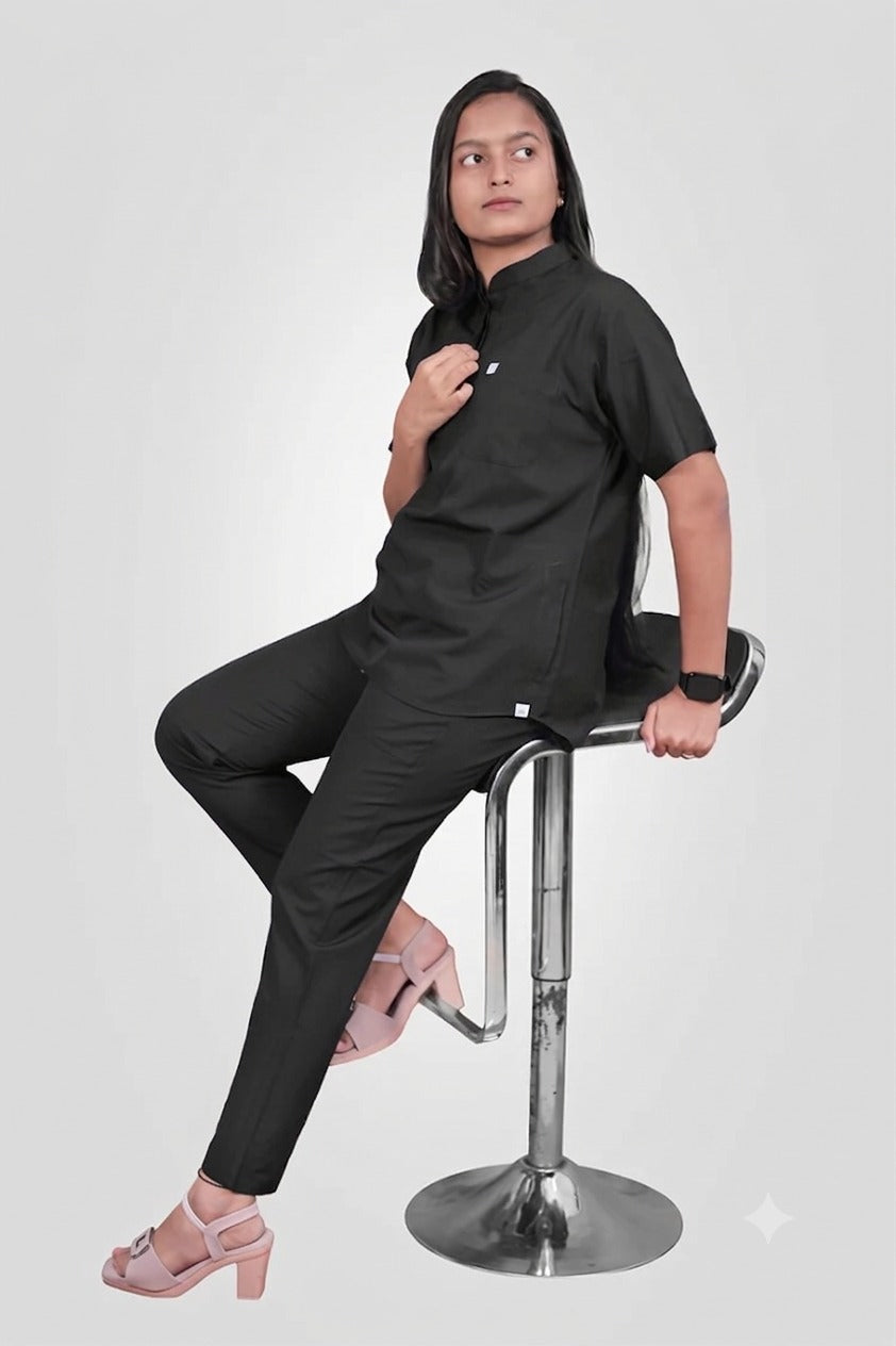Classic Women's High-Neck Collar Scrub - Black