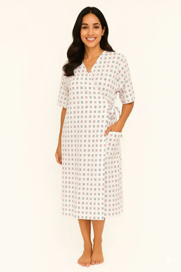 Patient Gown Unisex ( Front Open) - Red and Black Dot