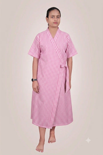 Patient Gown Unisex ( Front Open) - Pink Checks