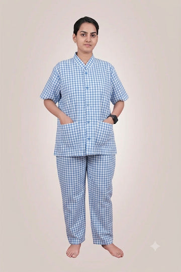 Patient Gown Unisex (TOP & PANT) - Blue Checks